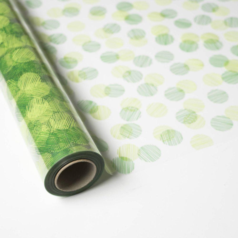 Papel de Regalo Polipropileno Transparente con Circulos Verdes