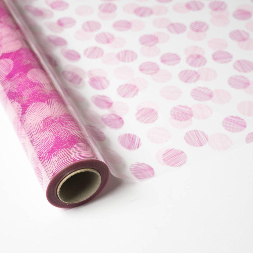 Papel de Regalo Polipropileno Transparente con Circulos Fucsia